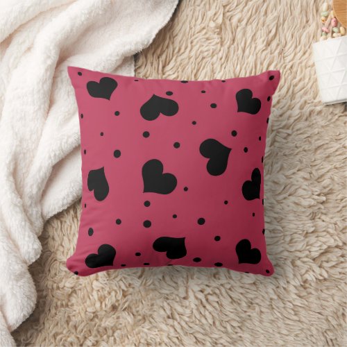 Viva Magenta Black Hearts and Dots Throw Pillow