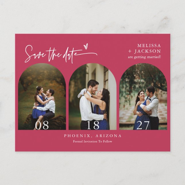 Viva Magenta Boho Arch Photo QR Code Save the Date Postcard (Front)