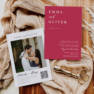 Viva Magenta Boho Minimal Wedding QR Code Photo Invitation