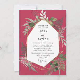 Viva Magenta Botanical Greenery Gold QR Code Photo Invitation