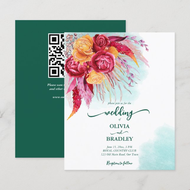 Viva magenta burgundy orange roses budget invite (Front/Back)