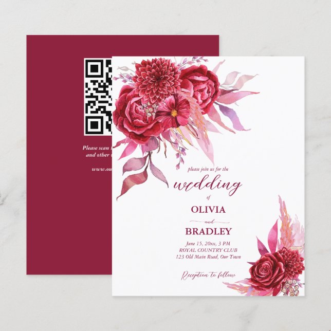 Viva magenta burgundy roses flowers budget invite  (Front/Back)