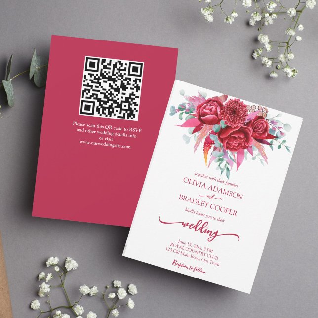 Viva magenta crimson burgundy flowers eucalyptus invitation (Creator Uploaded)
