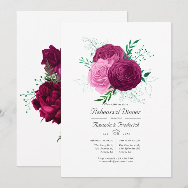 Viva Magenta Floral Rehearsal Dinner Invitation (Front/Back)