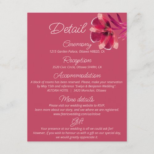Viva Magenta Floral wedding details   Enclosure Card