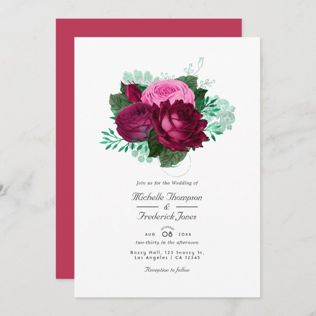 Viva Magenta Floral Wedding Invitation (Front/Back)
