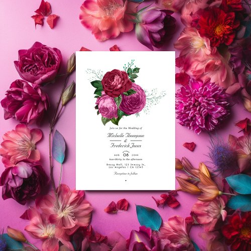 Viva Magenta Floral Wedding QR Code Rsvp Invitation