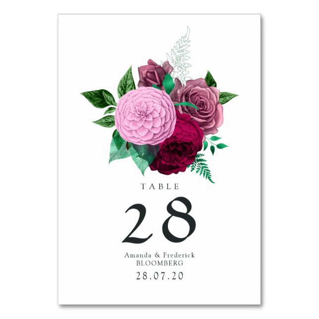 Viva Magenta Floral Wedding Table Number (Front)