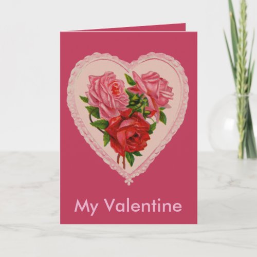 Viva Magenta Heart Roses Vintage Valentine Holiday Card