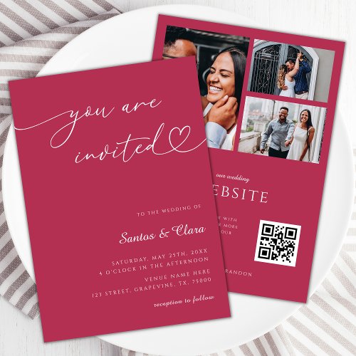 Viva Magenta Heart Script 3 Photo Collage Wedding Invitation