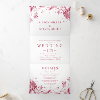 Viva magenta line art flowers photo wedding Tri-Fold invitation