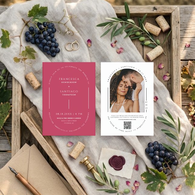 Viva Magenta Modern Arch QR Code Wedding Photo Invitation (Creator Uploaded)