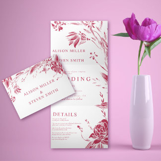 Viva magenta pink line art flowers photo wedding Tri-Fold invitation