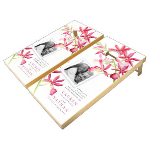 Viva magenta red orchid watercolor wedding photo cornhole set