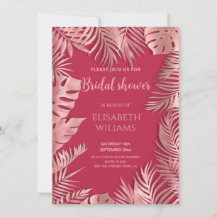 Viva magenta rose gold tropical leaves romantic invitation