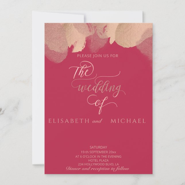 Viva magenta rose gold watercolor calligraphy  invitation (Front)