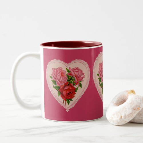 Viva Magenta Roses in Heart Vintage Valentine Two_Tone Coffee Mug
