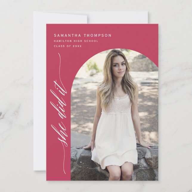 Viva Magenta She Did It Graduation Arch Photo Invi Invitation (Front)