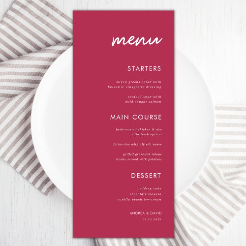 Viva Magenta Vibrant Minimalist Wedding Dinner Men Menu