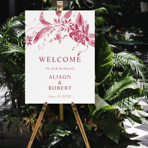 Viva magenta white flowers wedding welcome sign