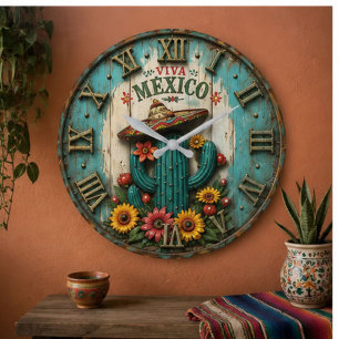 Viva Mexico Cactus Fiesta Farmhouse Art Large Clock