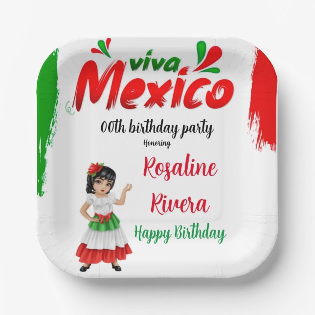 Viva Mexico Girl 00th Birthday Party Paper Plates (Front)