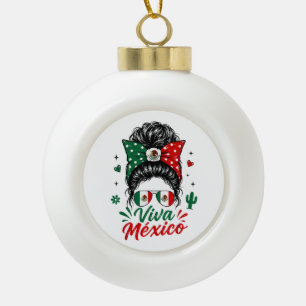 Viva Mexico Girl Mexico Flag Patriotic Mexican Ceramic Ball Christmas Ornament