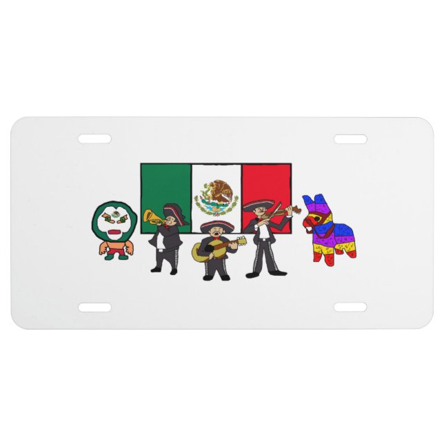 Viva Mexico Luchador Mariachi Piñata Cartoon License Plate (Front)