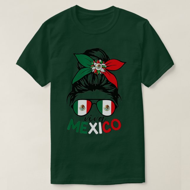 Viva Mexico Messy Bun With Bandana And Glasses Mex T-Shirt (Design Front)