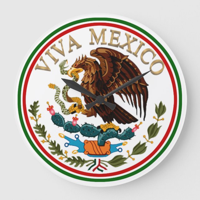 Viva Mexico Mexican Flag Icon w/ Gold Text Large Clock (Front)