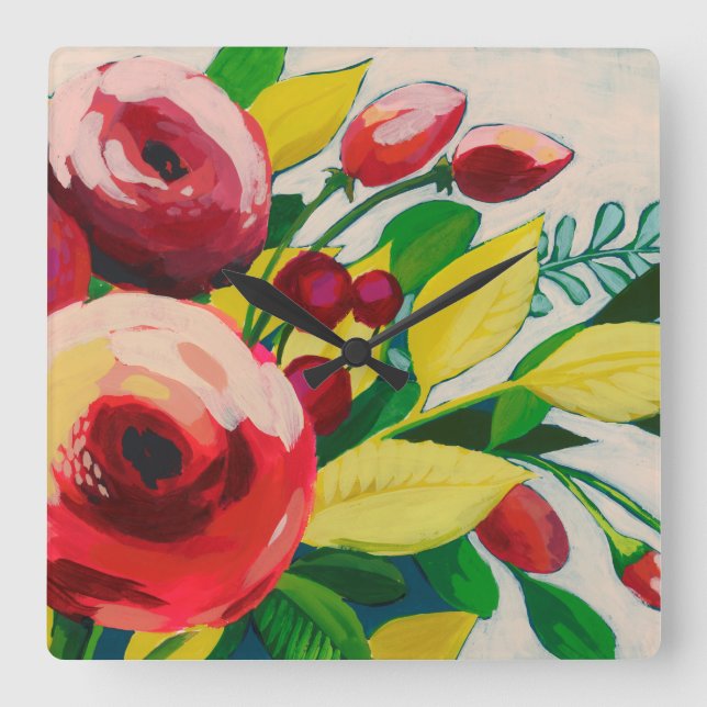 Vivacious Blooms Square Wall Clock (Front)