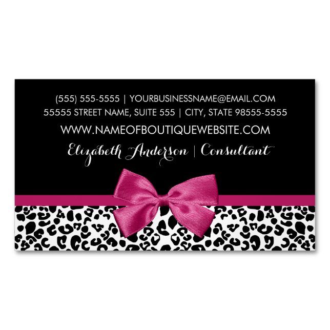 Vivacious Dark Pink Bow Leopard Print Boutique Business Card Magnet (Front)
