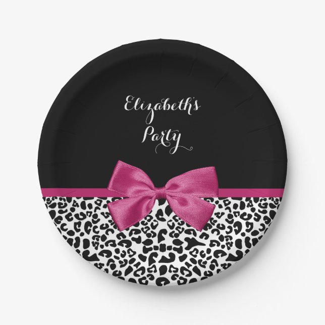 Vivacious Dark Pink Bow Leopard Print With Name Paper Plates (Front)