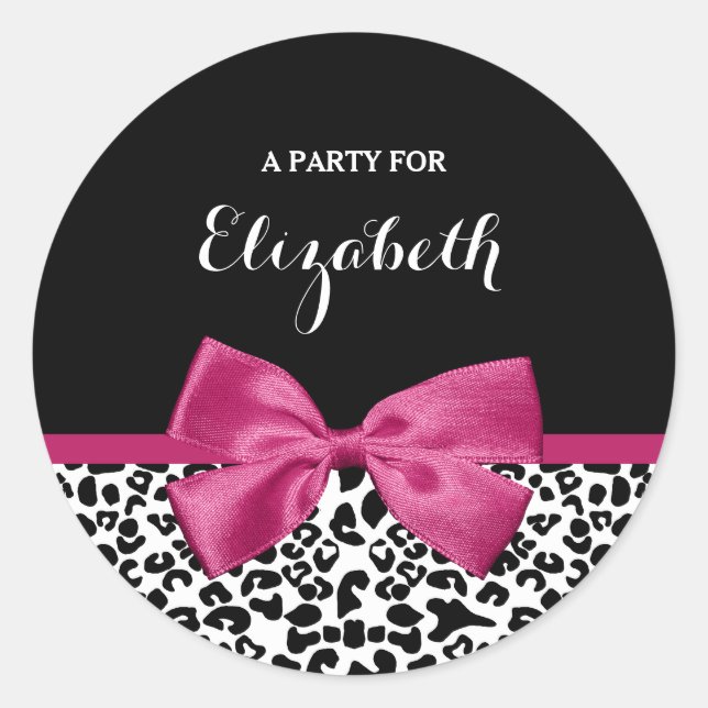 Vivacious Dark Pink Ribbon Leopard Print With Name Classic Round Sticker (Front)
