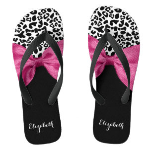 Vivacious Dark Pink Ribbon Leopard Print With Name Flip Flops
