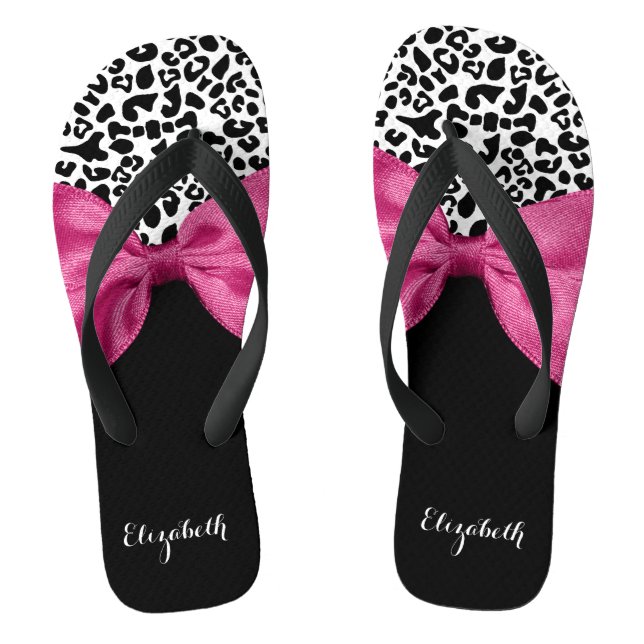 Vivacious Dark Pink Ribbon Leopard Print With Name Flip Flops (Footbed)
