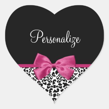 Vivacious Dark Pink Ribbon Leopard Print With Name Heart Sticker by ohsogirly at Zazzle