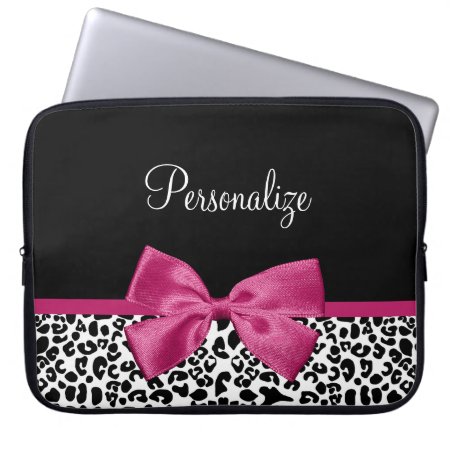 Vivacious Dark Pink Ribbon Leopard Print With Name Laptop Sleeve