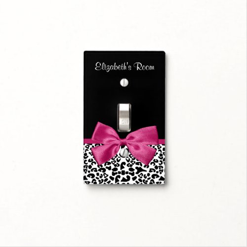 Vivacious Dark Pink Ribbon Leopard Print With Name Light Switch Cover