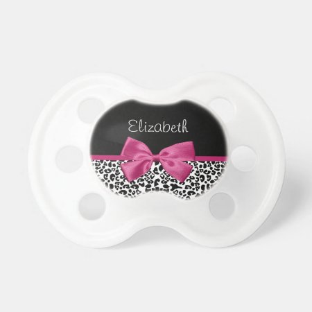 Vivacious Dark Pink Ribbon Leopard Print With Name Pacifier