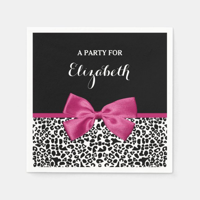Vivacious Dark Pink Ribbon Leopard Print With Name Paper Napkins (Front)