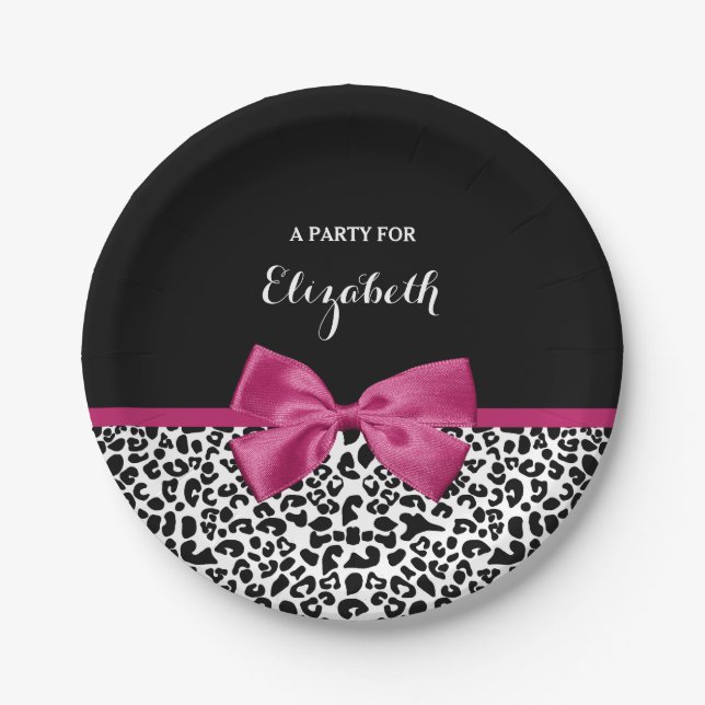 Vivacious Dark Pink Ribbon Leopard Print With Name Paper Plates (Front)