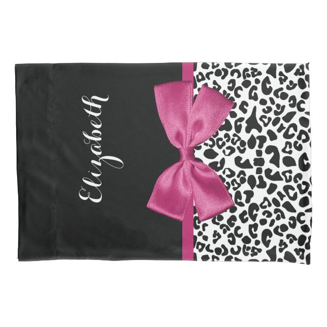 Vivacious Dark Pink Ribbon Leopard Print With Name Pillow Case (Front)