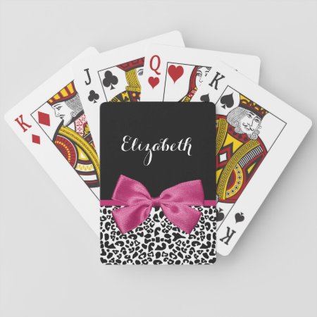Vivacious Dark Pink Ribbon Leopard Print With Name Playing Cards