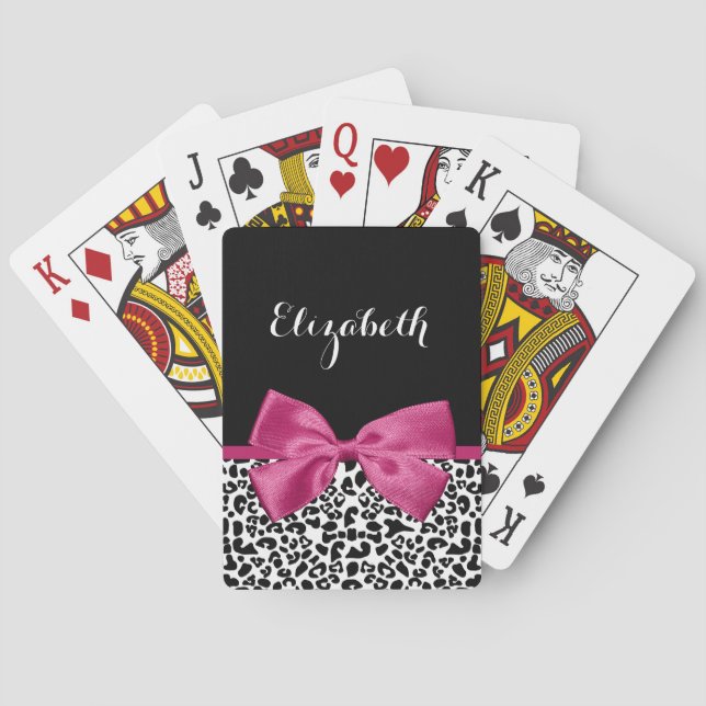 Vivacious Dark Pink Ribbon Leopard Print With Name Poker Cards (Back)