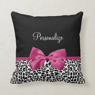 Vivacious Dark Pink Ribbon Leopard Print With Name Throw Pillow