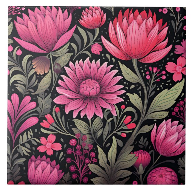 Vivacious Pink Floral Pattern, AI-generated, Ceramic Tile (Front)