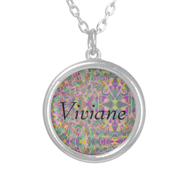 Viviane name in geometric abstract art fantasy silver plated necklace (Front)