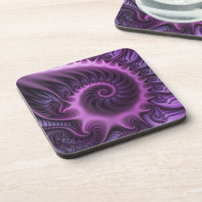 Vivid Abstract Cool Pink Purple Fractal Art Spiral Beverage Coaster (Left Side)
