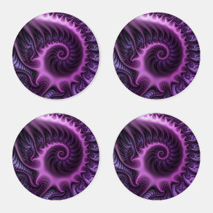 Vivid Abstract Cool Pink Purple Fractal Art Spiral Coaster Set